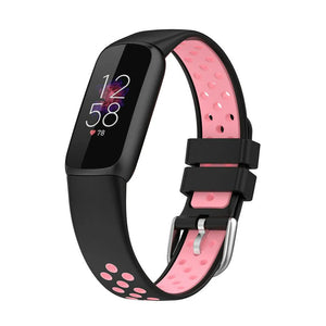 Silicone Sport Strap, black/pink, on a watch, 3/4 front view