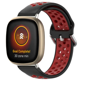 Silicone Sport Strap, black/red, on a watch, 3/4 front view