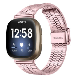 Fine Steel Strap, pink, on a watch, 3/4 front view