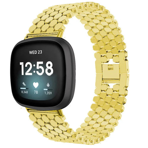 Steel Strap Hexagons, gold, on a watch, 3/4 front view