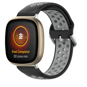 Silicone Sport Strap, black/grey, on a watch, 3/4 front view
