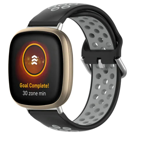 Silicone Sport Strap, black/grey, on a watch, 3/4 front view