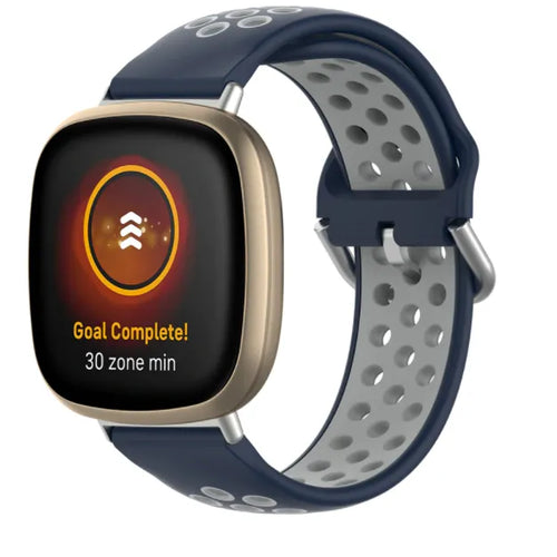 Silicone Sport Strap, blue/grey, on a watch, 3/4 front view