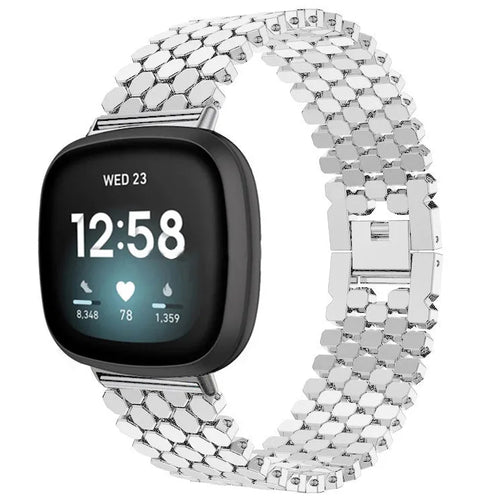 Steel Strap Hexagons, silver, on a watch, 3/4 front view