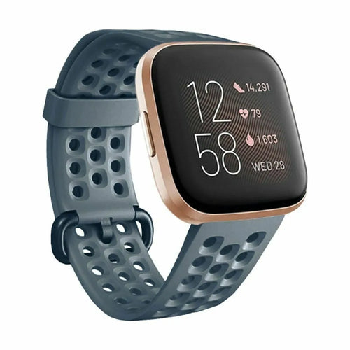 Breathable Silicone Strap, grey-blue, on a watch, 3/4 front view