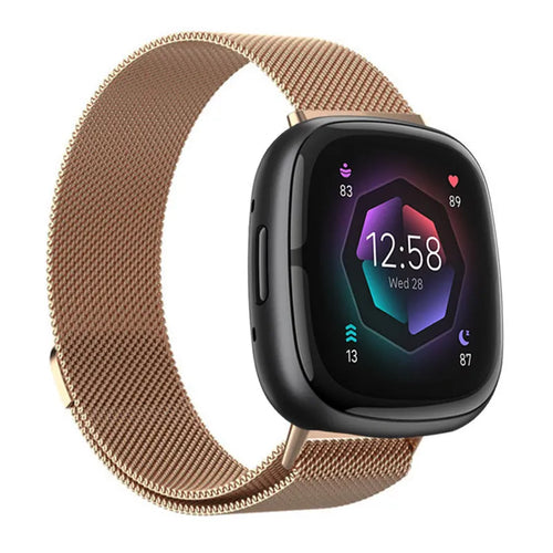 Milanese Strap, rose gold, on a watch, 3/4 front view