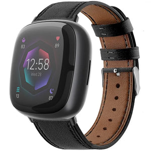 Modern Leather Strap, black, on a watch, 3/4 front view
