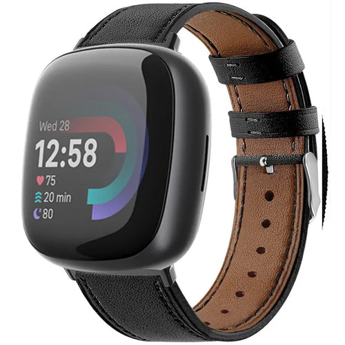 Modern Leather Strap, black, on a watch, 3/4 front view