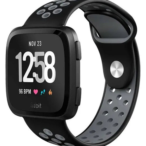 Silicone Sport Strap, black/grey, on a watch, 3/4 front view