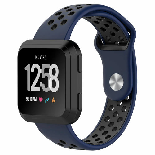 Silicone Sport Strap, dark blue/black, on a watch, 3/4 front view