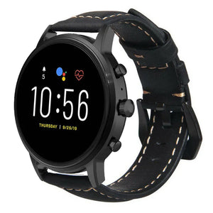 Leather Strap, black, on a watch, 3/4 front view