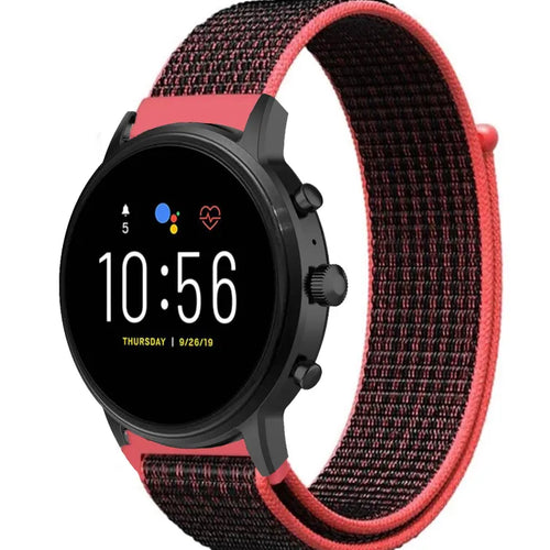 Nylon Strap, black/coral, on a watch, 3/4 front view