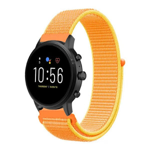 Nylon Strap, orange/yellow, on a watch, 3/4 front view