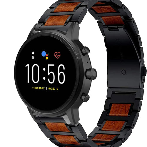 Wood Steel Strap, black, on a watch, 3/4 front view