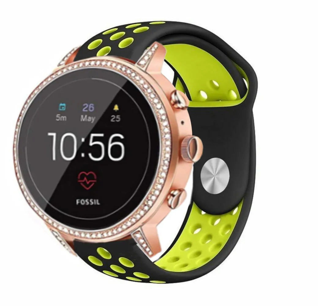 Silicone Sport Strap, black/yellow, on a watch, 3/4 front view