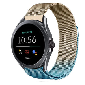 Milanese Strap, blue/gold, on a watch, 3/4 front view