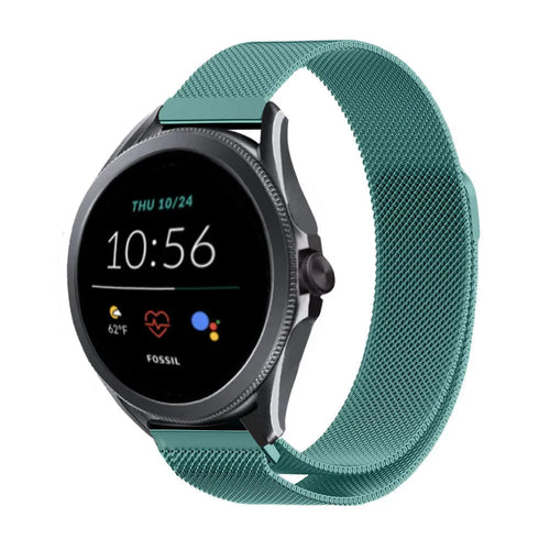 Milanese Strap, green, on a watch, 3/4 front view