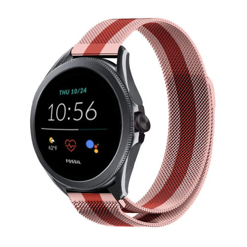 Milanese Strap, red/pink, on a watch, 3/4 front view