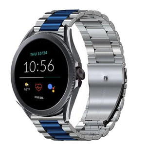 Steel Strap, silver/blue, on a watch, 3/4 front view
