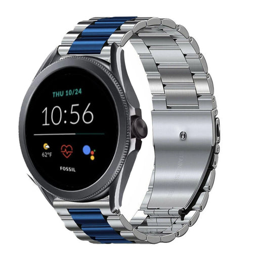 Steel Strap, silver/blue, on a watch, 3/4 front view