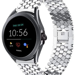 Steel Strap Hexagons, silver, on a watch, 3/4 front view