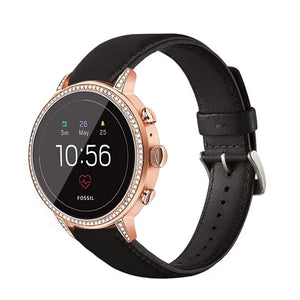 Leather Strap, black, on a watch, 3/4 front view