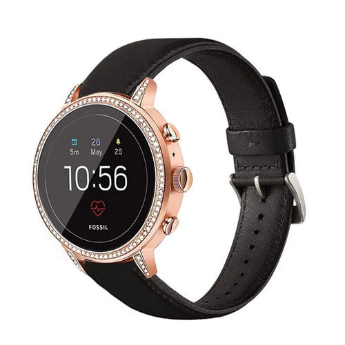 Leather Strap, black, on a watch, 3/4 front view