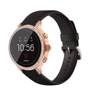 Leather Strap, black, on a watch, 3/4 front view