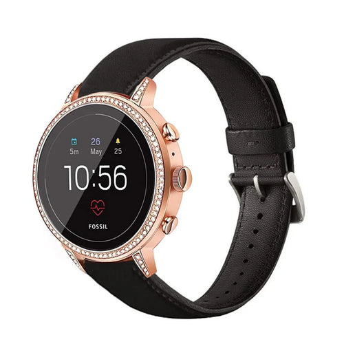 Leather Strap, black, on a watch, 3/4 front view