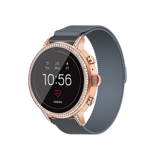 Milanese Strap, grey, on a watch, 3/4 front view
