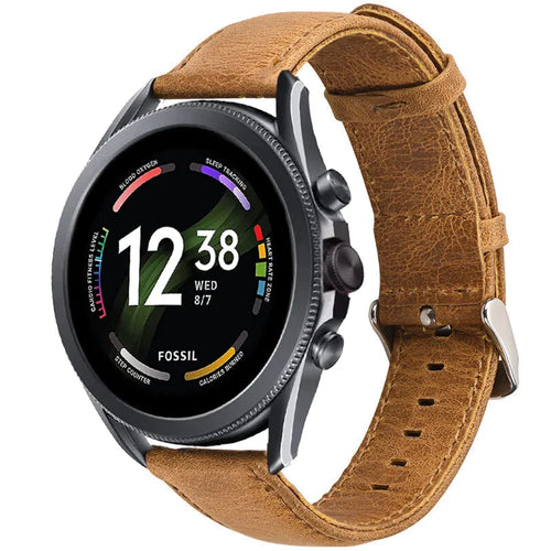 Leather Strap, brown, on a watch, 3/4 front view