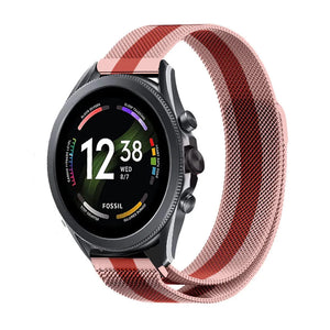 Milanese Strap, red/pink, on a watch, 3/4 front view