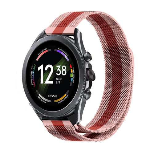 Milanese Strap, red/pink, on a watch, 3/4 front view