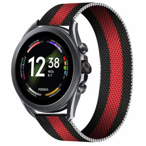 Milanese Strap, black/red, on a watch, 3/4 front view