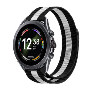 Milanese Strap, black/white, on a watch, 3/4 front view