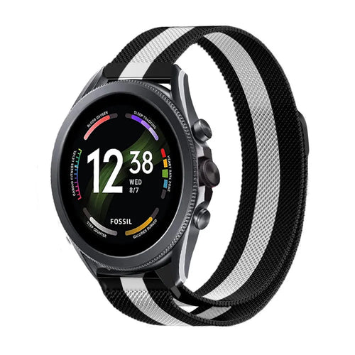 Milanese Strap, black/white, on a watch, 3/4 front view