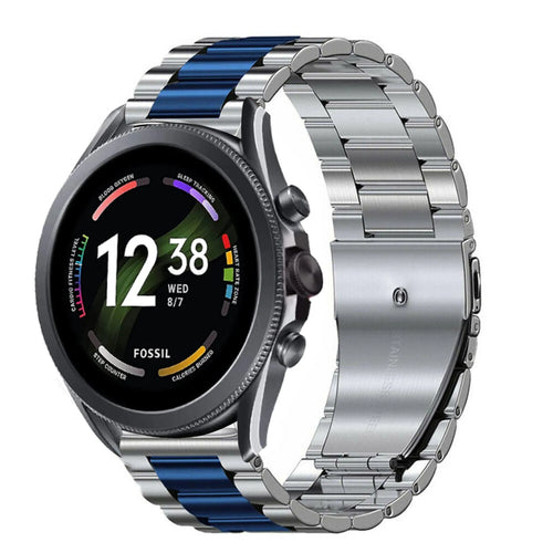 Steel Strap, silver/blue, on a watch, 3/4 front view