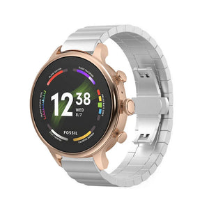 Metal Strap, silver, on a watch, 3/4 front view