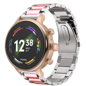 Steel Strap, silver/pink, on a watch, 3/4 front view