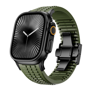 Premium Silicone Strap, army green, on a watch, 3/4 front view