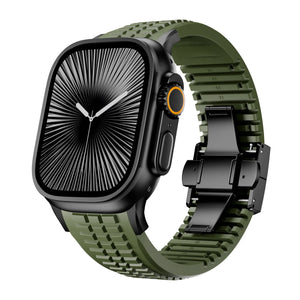 Premium Silicone Strap, army green, on a watch, 3/4 front view