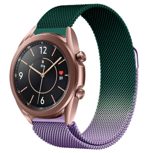 Milanese Strap, purple/green, on a watch, 3/4 front view
