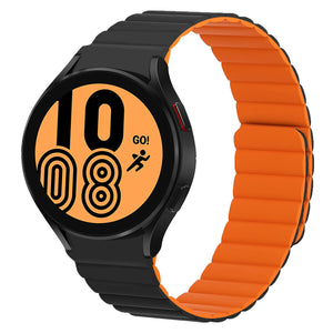 Magnetic Silicone Strap, black/orange, on a watch, 3/4 front view