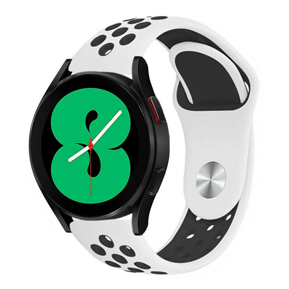 Silicone Sport Strap, white/black, on a watch, 3/4 front view