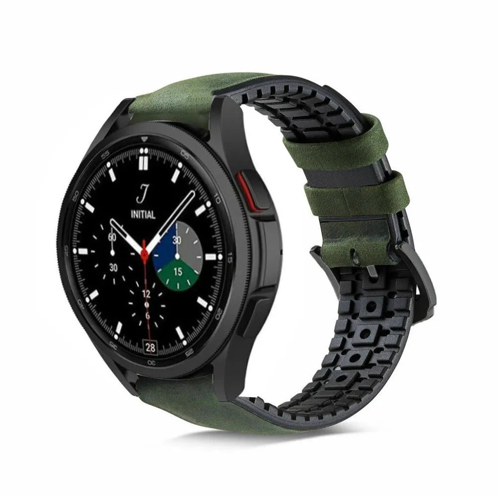 Leather Hybrid Strap, green, on a watch, 3/4 front view