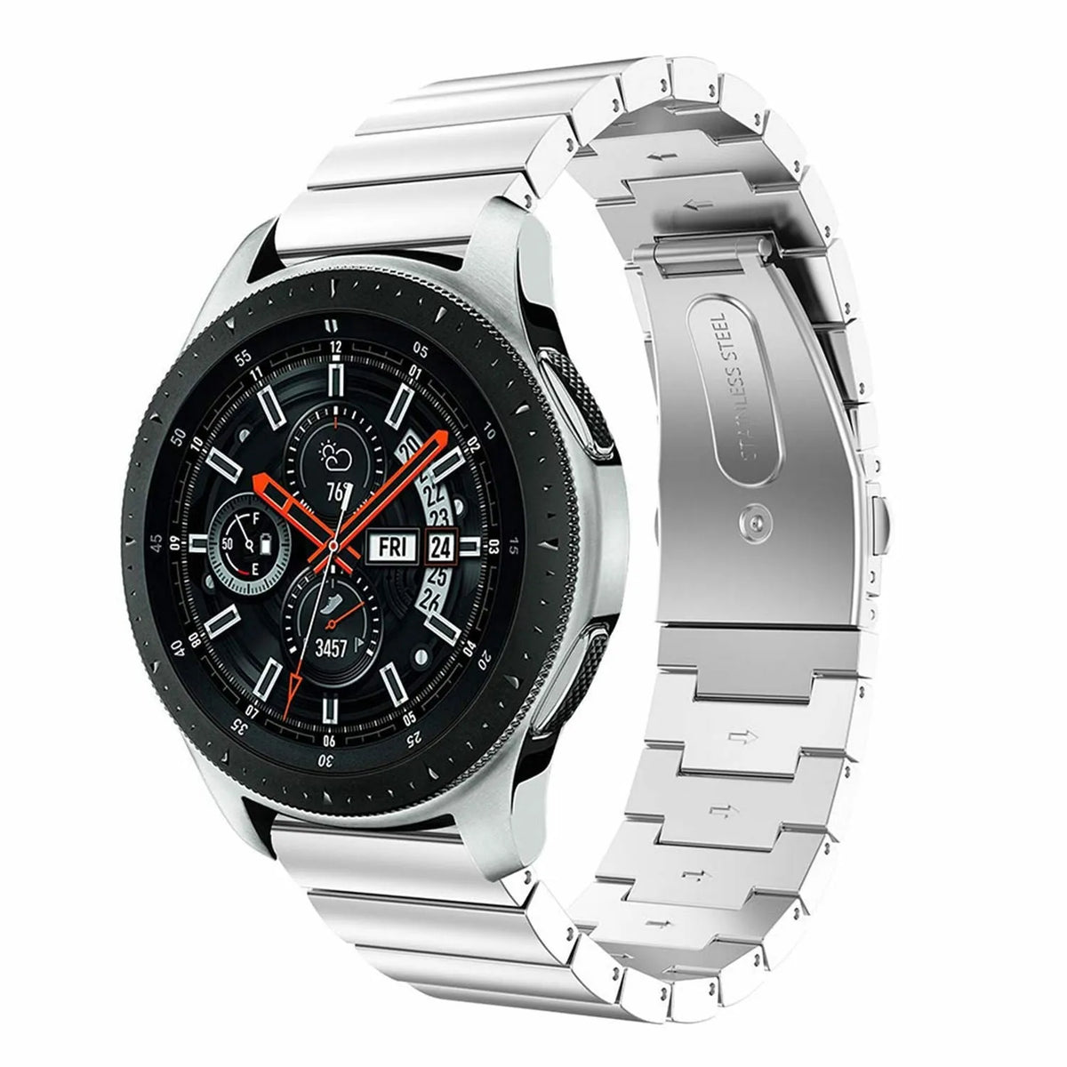 Premium Metal Strap, silver, on a watch, 3/4 front view