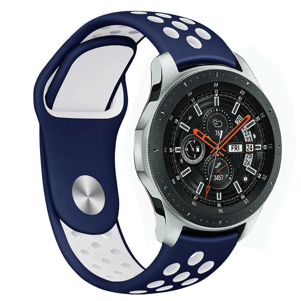 Silicone Sport Strap, blue/white, on a watch, 3/4 front view