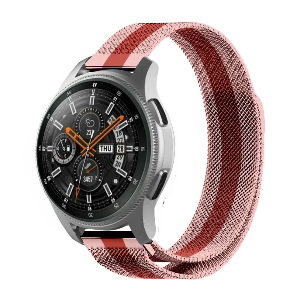 Milanese Strap, red/pink, on a watch, 3/4 front view