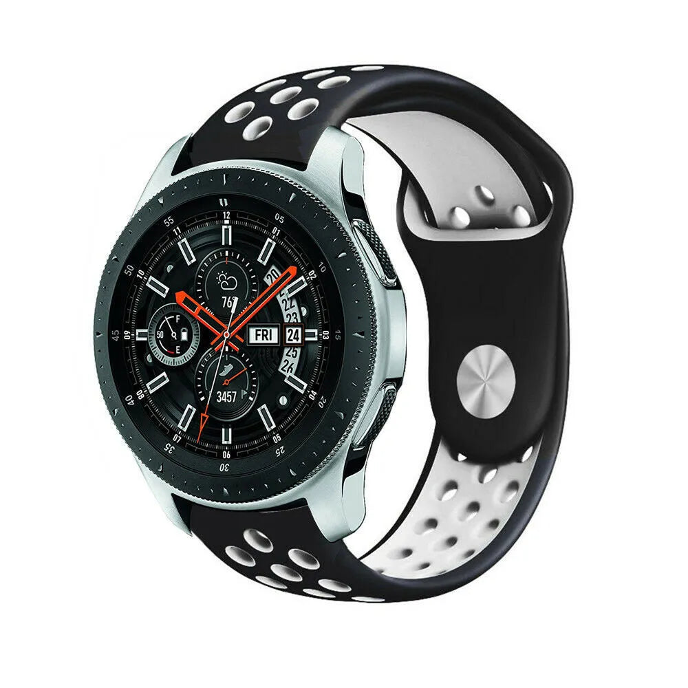 Silicone Sport Strap, black/white, on a watch, 3/4 front view