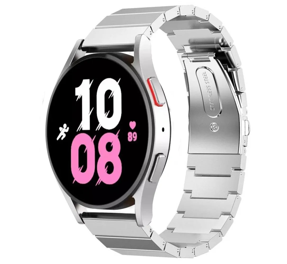 Premium Metal Strap, silver, on a watch, 3/4 front view